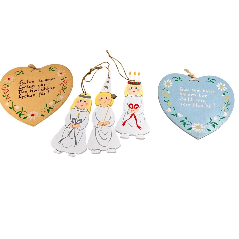 Vintage Swedish Wood Folk Art Hearts & Lucia Star Boy Ornaments 5pc Set